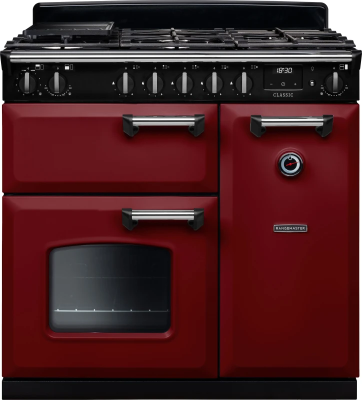 Image of Rangemaster Classic CL90DFPBOR/CM1 90cm wide Dual Fuel Range Cooker with Gas Hob - Bordeaux / Chrome - A/A Rated