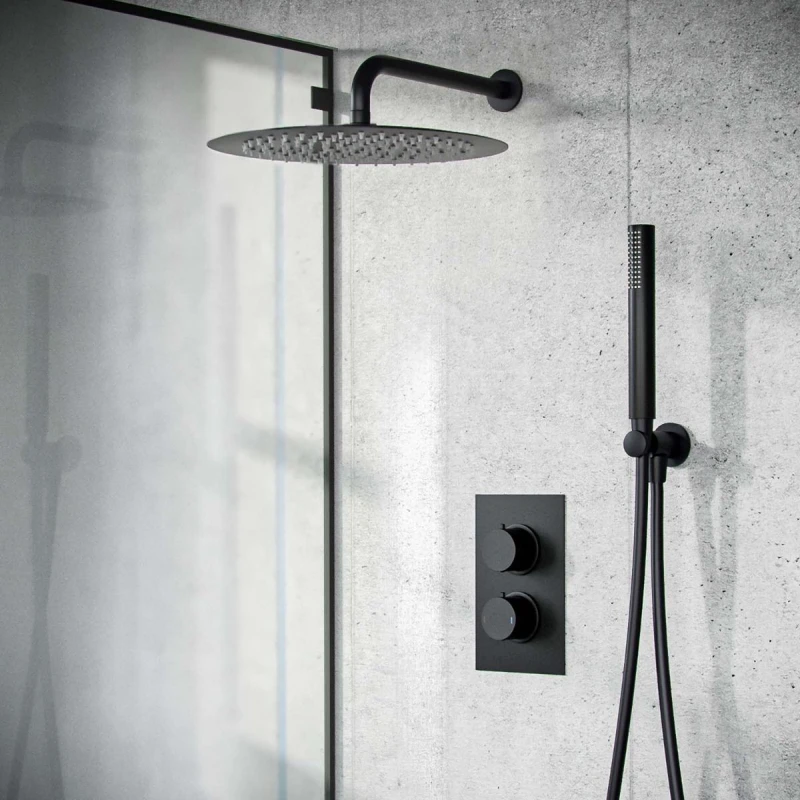 Image of Nes Home Temel Matte Black Round 300mm Shower with Hand Held Set Thermostatic Mixer Valve Black Unisex