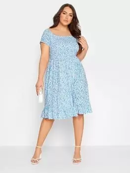 Image of Yours Shirred Bardot Midi Dress Blue Ditsy, Blue, Size 20, Women