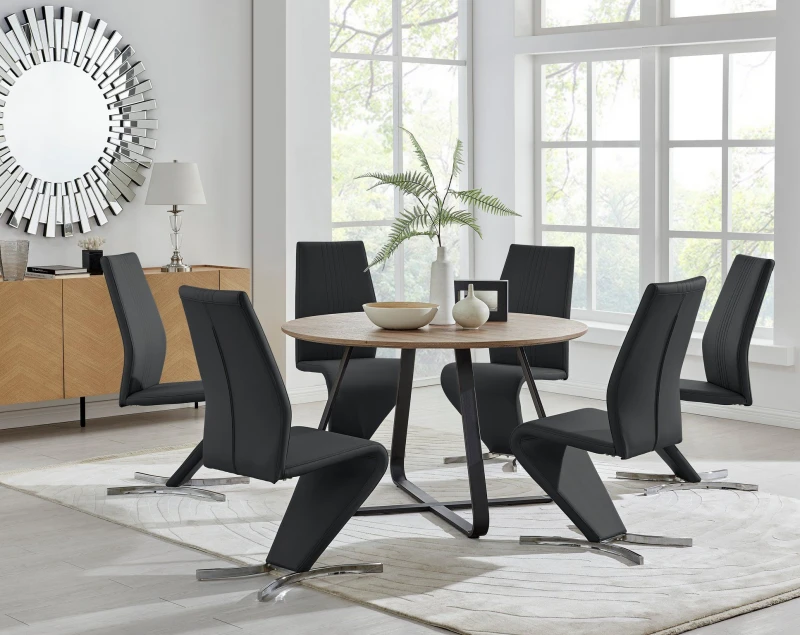 Image of FurnitureboxUK FurnitureboxUK Santorini Brown Wood Effect Dining Table & 6 Willow Chairs in Black One Size Unisex 5056657123932