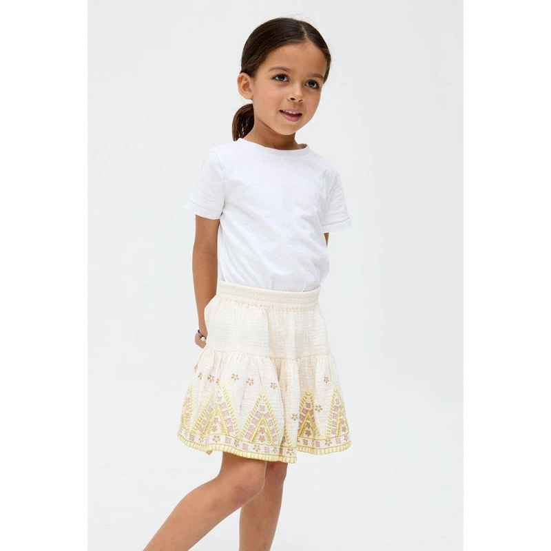 Image of Raffya Kids Staranisse Tiered All Over Embroidered Skirt In Cream Ecru female 7 Yrs