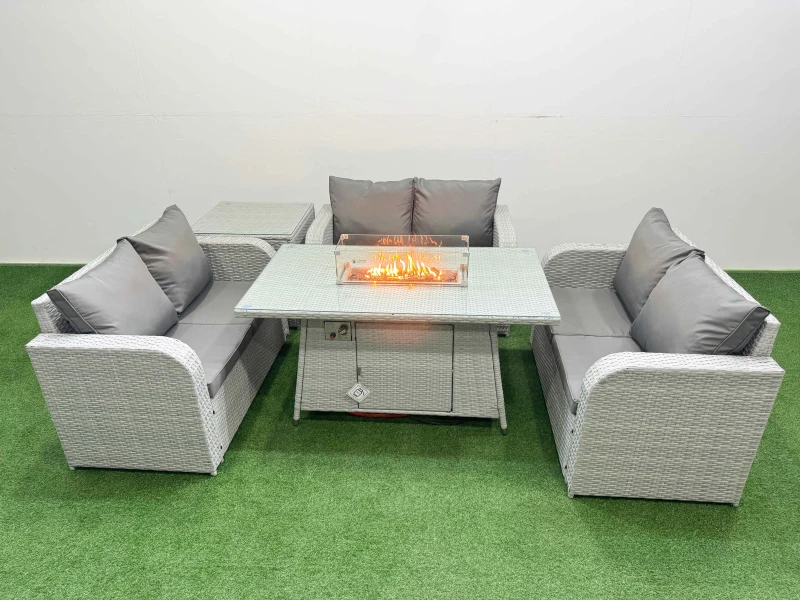 Image of Fimous 6 Seater PE Wicker Rattan Furniture Sofa Sets with Firepit Dining Table 2 Seater Love Sofa Side Table Light Grey Light Grey