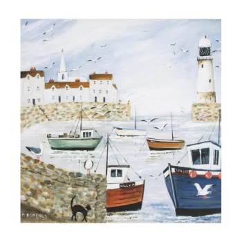 Image of Art for the Home Harbourside Coastal Boats Lighthouse Printed Canvas Wall Art - One size - white