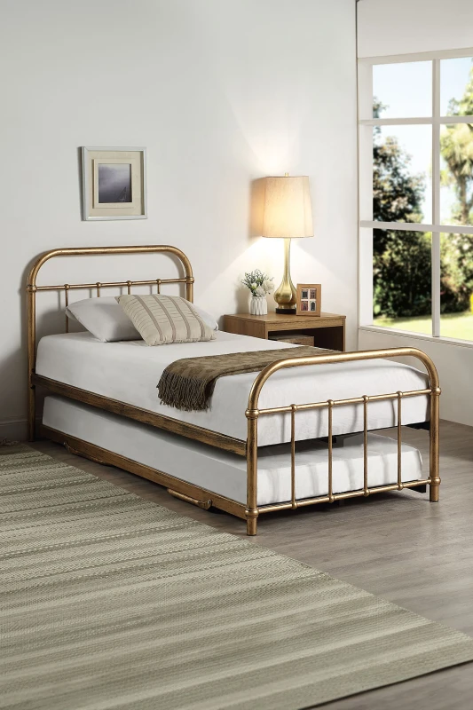 Image of SlumberWorx Tewin Vintage Hospital Style Single Metal Bed Frame w Guest Trundle Bronze
