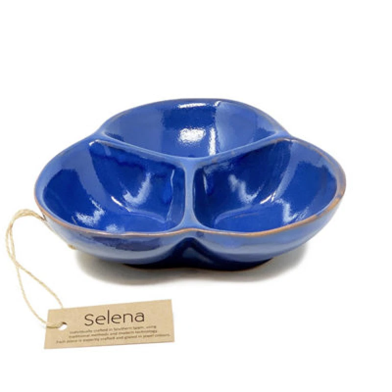 Image of Verano Spanish Ceramics Selena Glazed Hand Dipped Kitchen Dining Snack Trio Dish Medium Blue (D) 18Cm