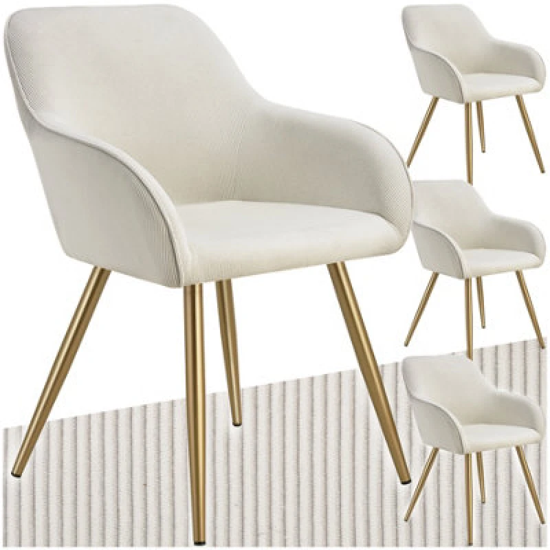 Image of Tectake Set Of 4 Dining Chair Marilyn - Corduroy Look, Upholstered, Armchair, Continuous Backrest - Cream/gold
