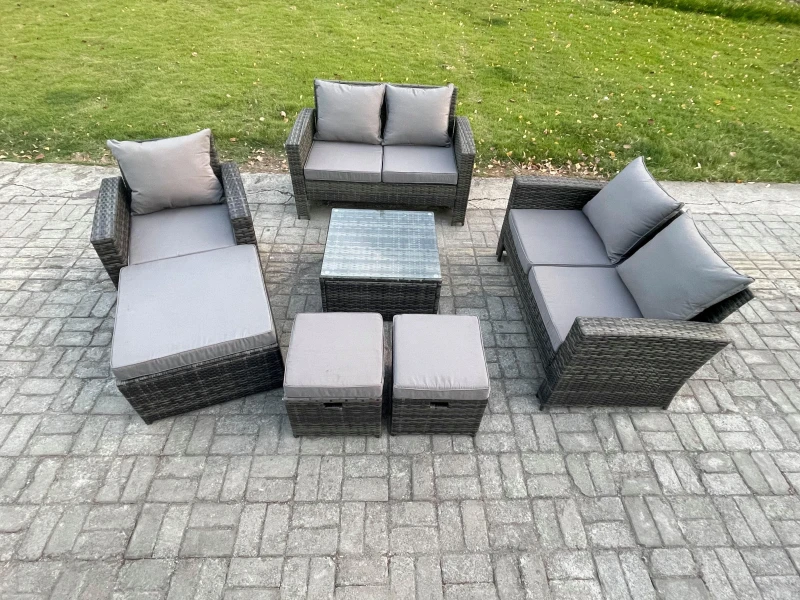Image of Fimous 8 Seater Outdoor Rattan Garden Furniture Set Conservatory Patio Sofa Coffee Table Set with Chair 3 Footstools Dark Grey Mixed Dark Grey Unisex