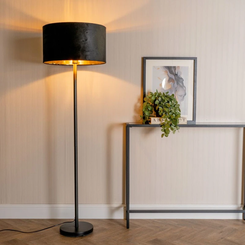 Image of ValueLights ValueLights Charlie Black Stem Floor Lamp with Black Velvet and Gold Inner Lamp Shade Black One Size Unisex 5059406060434