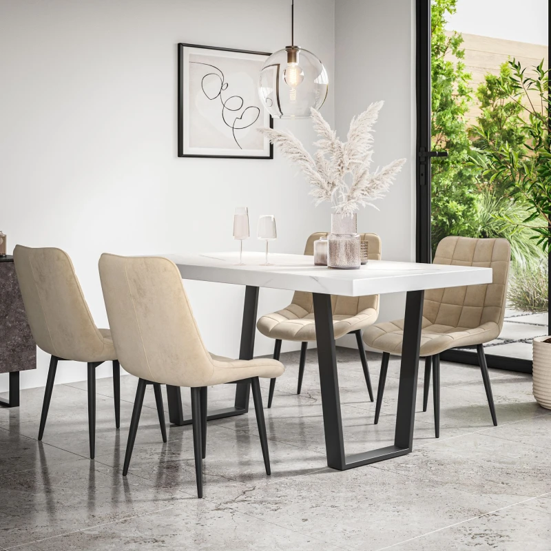 Image of More4Homes Aria Dining Table And Chairs - White Marble Effect Table Top W Black Legs + Nova Velvet Dining Chair Set Of 6 (Beige)