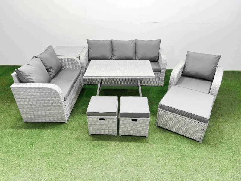 Image of Fimous Rattan High Back Lounge Sofa Set Patio Dining Table & Chairs Set With Side Table 3 Stool Light Grey