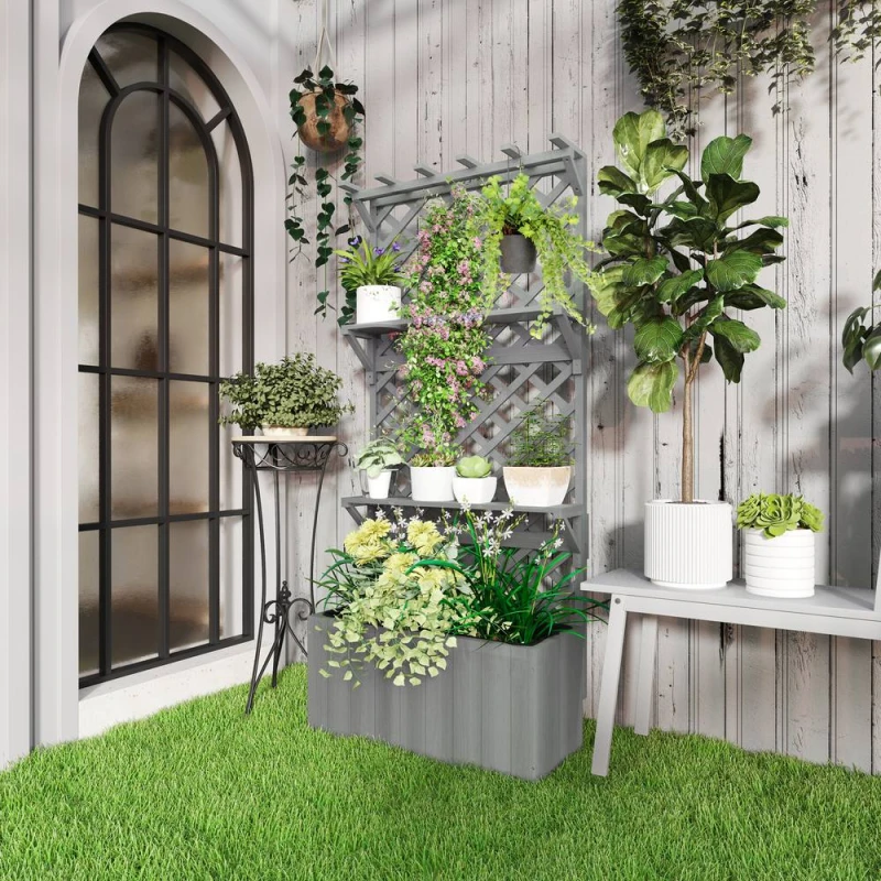 Image of OUTSUNNY Wooden Raised Planter with Trellis & 2 Shelves, Grey Grey Unisex