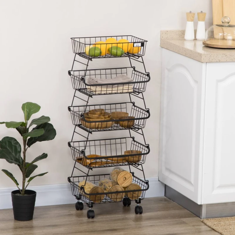 Image of HOMCOM 5 Tier Storage Trolley Cart Vegetable Rack with Wheels for Kitchen in Black Unisex
