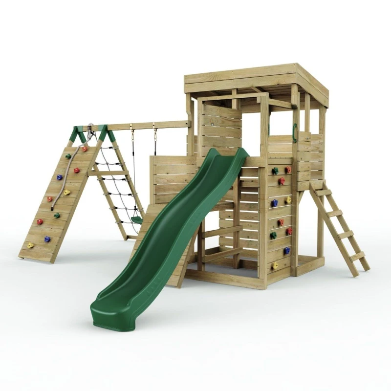 Image of OutdoorToys 2 Tier XL Lookout Tower with Single Swing & Climbing Wall in Brown Brown Unisex