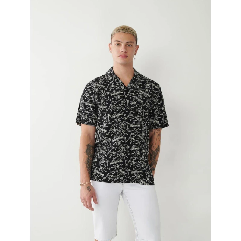 Image of True Religion Mens All Over Print Short-Sleeve Shirt Jet Black male M