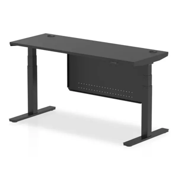 Image of Air Black Series 1600 x 600mm Height Adjustable Desk Black Top with Cable Ports Black Leg With Black Steel Modesty Panel
