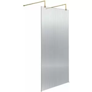 Image of Fluted Wet Room Screen with Brushed Brass Support Arm and Feet 900mm Wide - 8mm Glass - Hudson Reed