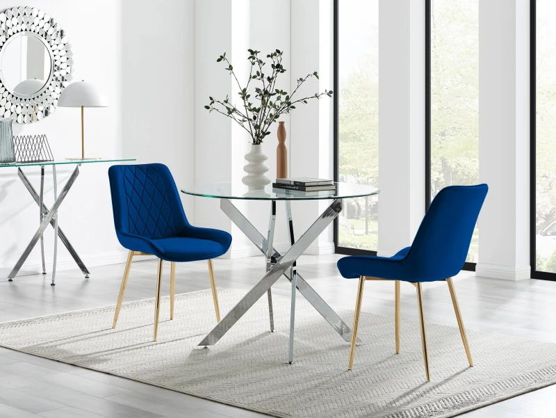 Image of FurnitureboxUK FurnitureboxUK Novara 100cm Round Dining Table and 2 Pesaro Gold Leg Chairs in Navy Navy One Size Unisex 5061064381042