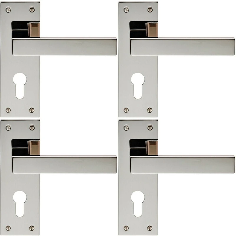 Image of Loops 4x PAIR Straight Square Lever on Euro Lock Backplate 150 x 50mm Polished Nickel Metallics