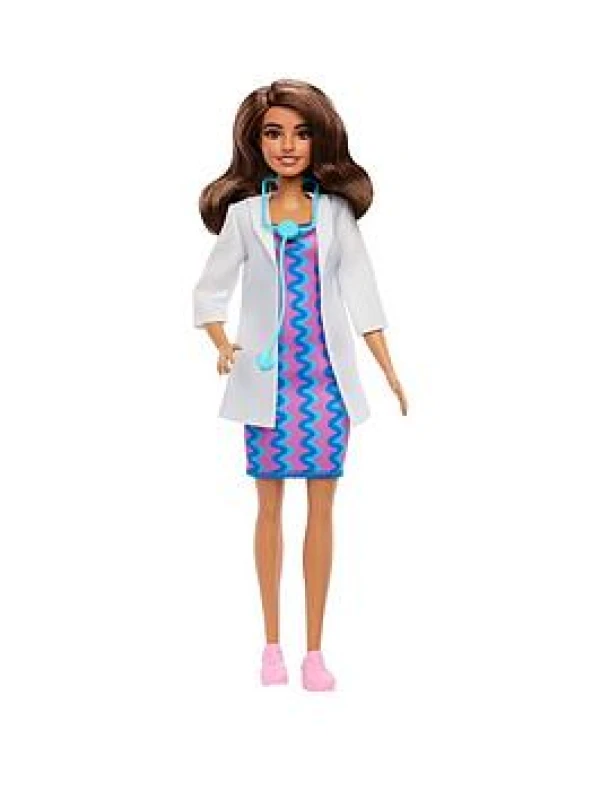 Image of Barbie Careers Doctor Fashion Doll Wearing Removable Look with White Coat Dress & Shoes Plus Stethoscope Accessory JKF76