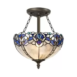 Image of 3 Light Semi Flush Ceiling E27 With 30cm Tiffany Shade, Blue, Clear Crystal, Aged Antique Brass - Luminosa Lighting