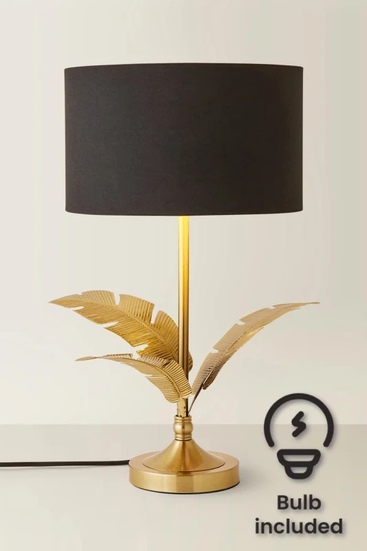 Image of ValueLights ValueLights Christina Fabric with Gold Inner Drum Shade Gold Palm Leaf Table Lamp with Bulb in Black One Size Unisex 5059406067341