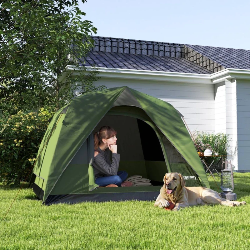 Image of OUTSUNNY 3-4 Person Camping Tent, Waterproof Tent in Dark Green Dark Green Unisex