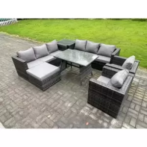 Image of Fimous 8 Seater Outdoor Dark Grey Rattan Lounge Complete Sofa Set with Dining Table and Big Footstool