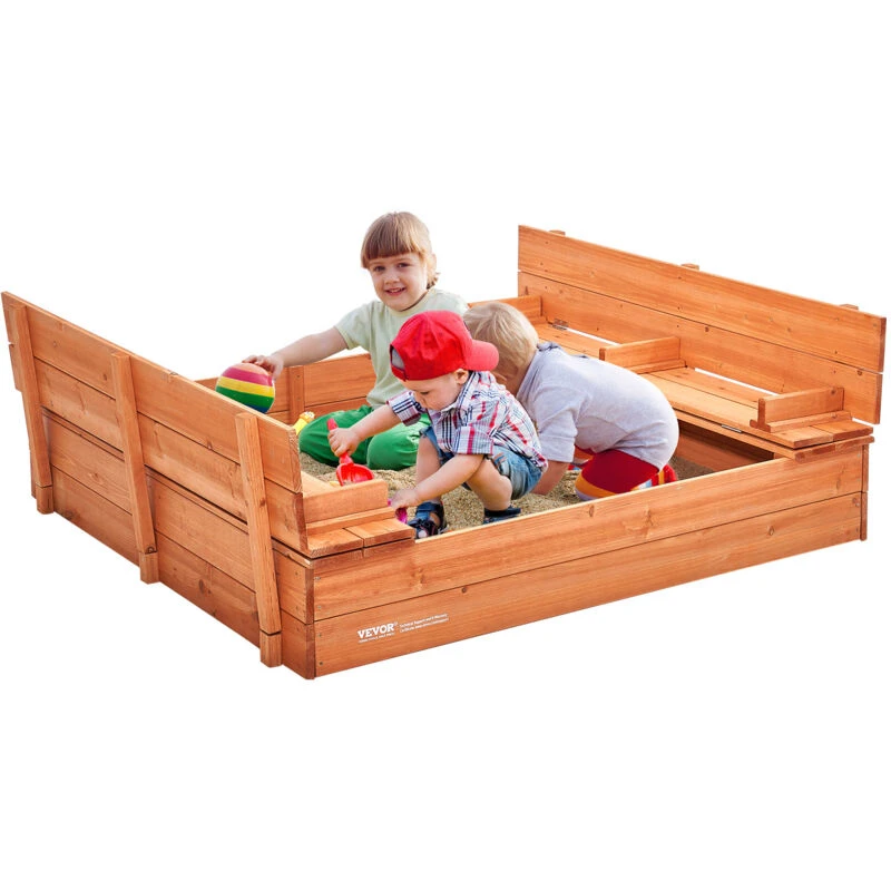 Image of VEVOR Vevor - Wooden Sandbox, 52.4 x 47.2 x 16.9 in Sand Box, Sand Pit with Foldable Bench Seats and Bottom Liner, Natural Wood Kids Sandbox for Outdo