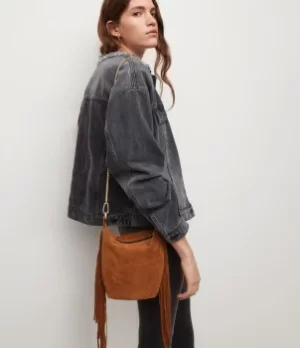 Image of AllSaints Womens Evaline Fringe Crossbody Suede Bag, Amber Brown