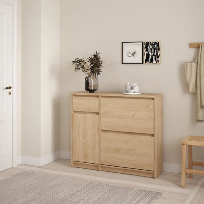 Image of Furniture To Go Naia Shoe Cabinet With 2 Flip Down Doors 1 Door And 1 Drawer In Jackson Hickory Oak (W) 108.9 X (H) 92.9 X (D) 31.5Cm