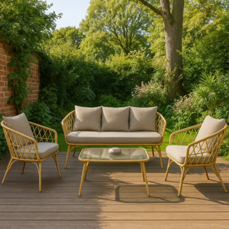 Image of Home Republic 4Pc Rattan Sofa Chairs And Glass Table Set Indoor Outdoor Garden Furniture With Cushions