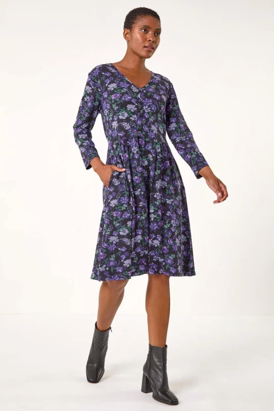 Image of Roman Floral Print Button Detail V-Neck Dress Purple