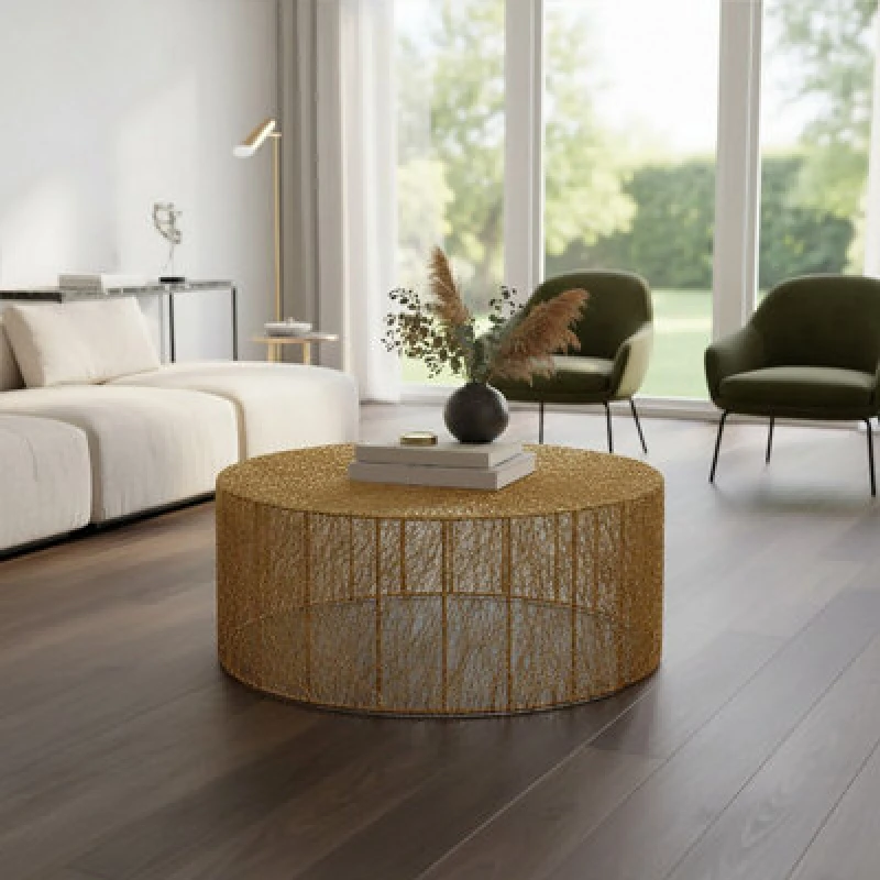 Image of Premier Housewares Gold Finish Iron Coffee Table, Nest Effect Cocktail Table with Circular Iron Frame, Unique Console Table Gold