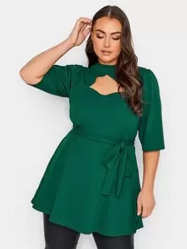 Image of Yours Yours Cut Out Peplum Top, Green, Size 26-28, Women