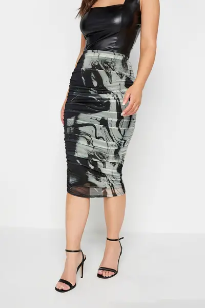 Image of PixieGirl Petite Abstract Print Ruched Mesh Skirt Black