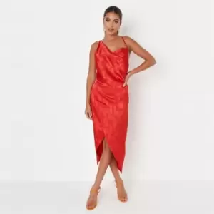 Image of Missguided Asym Strap Drape Satin Midi Dress - Red