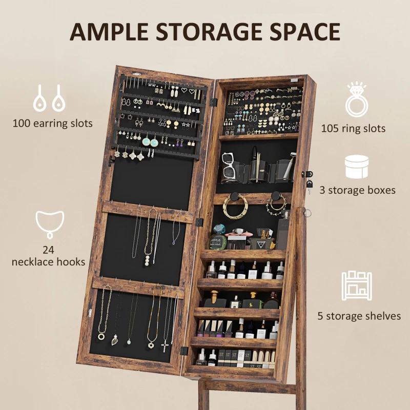 Image of HOMCOM Mirrored Jewellery Cabinet W/ LED Light Lockable Jewellery Rustic Brown Brown