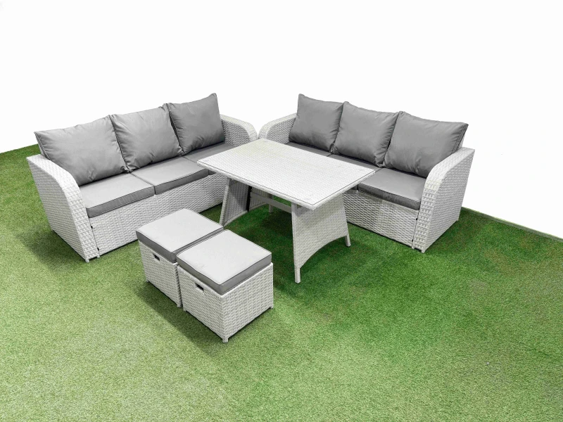 Image of Fimous Rattan High Back Lounge Sofa Set with 3 Seater Sofa 2 Small Stool in Light Grey Light Grey Unisex