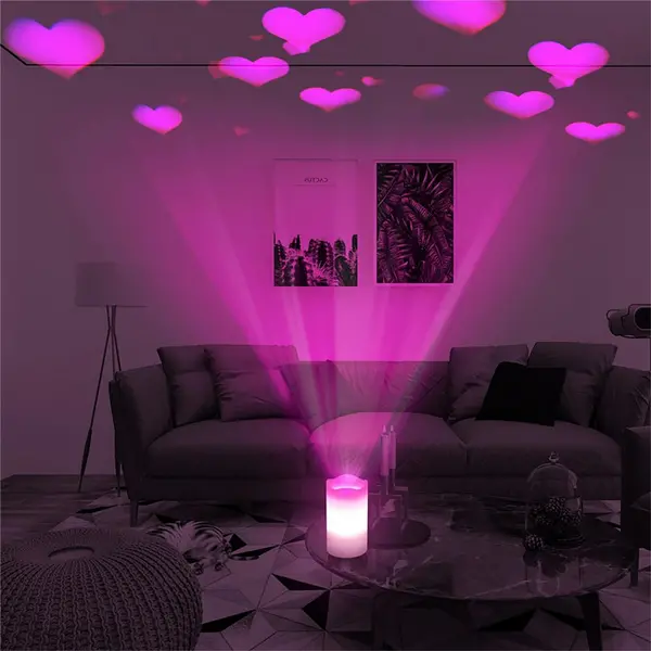 Image of LED Artificial Flameless Candle with Pink Heart Projector Light, Dimmable Brightness and Timer ELV-154464