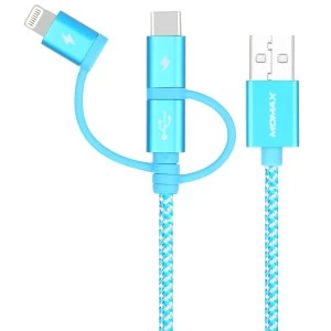 Image of Momax One Link 3-in-1 (USB-A to Micro/Lightning/Type C) Cable (1m) DX1B - Light Blue