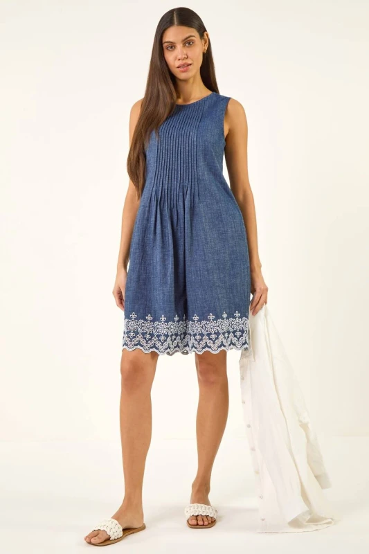 Image of Roman Womens Embroidered Hem Smock Dress in Mid Blue Size: 10 Mid Blue Female 10