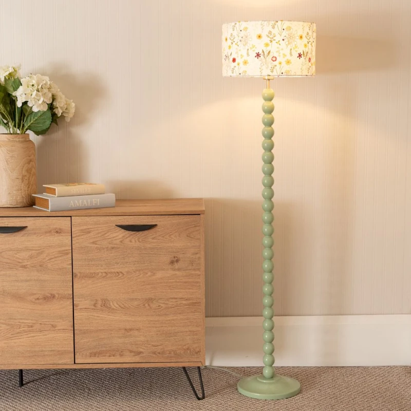 Image of ValueLights Bobbins Sage Green Floor Lamp with Floral Embroidered Drum Lamp Shade Pale Green