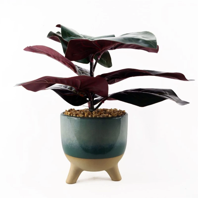 Image of Leaf 35cm Artificial Ficus Plant with Teal Blue Green Ceramic Planter Blue