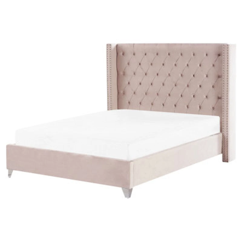 Image of Beliani Bed Velvet Lubbon 160 X 200 Cm (Eu King Size) Pastel Pink
