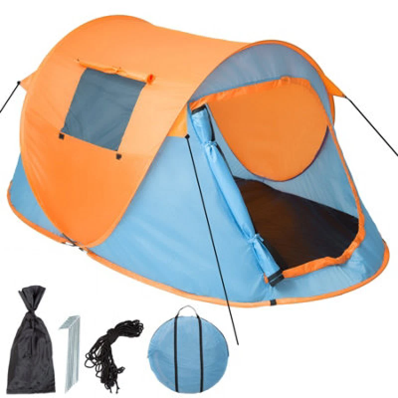 Image of Tectake 2 Man Pop Up Tent Waterproof For Camping Hiking Festival Mosquito Net Carry Bag - Blue/orange