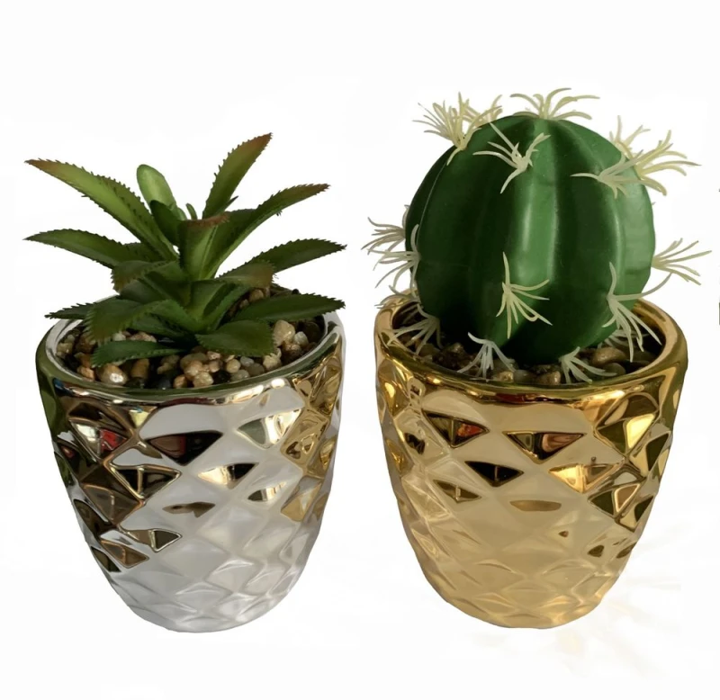 Image of Leaf 15cm Set of Two Silver and Gold Ceramic Planters with Artificial Cactus and Dracaena Silver unisex