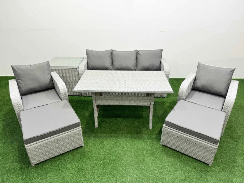 Image of Fimous PE Rattan Garden Furniture Set Reclining Chair Sofa Lounge Sofa Set Rectangular Dining Table Side Table 2 Big Footstool Light Grey Light Grey