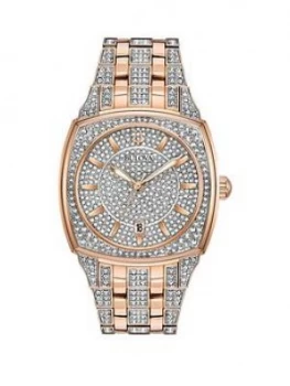 Image of Bulova Swarovski Crystal Set And Rose Gold Detail Dial Rose Gold And Crystal Set Stainless Steel Bracelet Ladies Watch