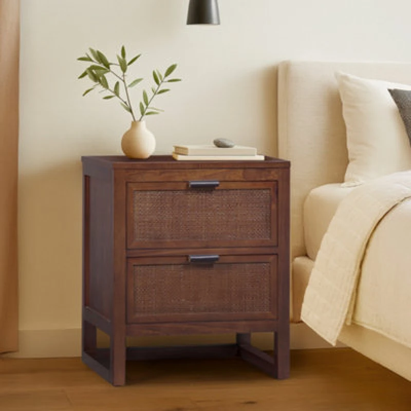 Image of Teamson Home Hatteras Bedside Table 2 Drawer Nightstand, Walnut