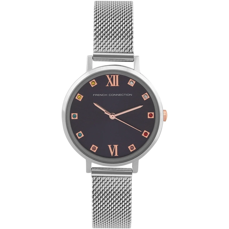 Image of French Connection Grace Blue Round Analog Watch With Steel Mesh Strap For Her Silver female One Size